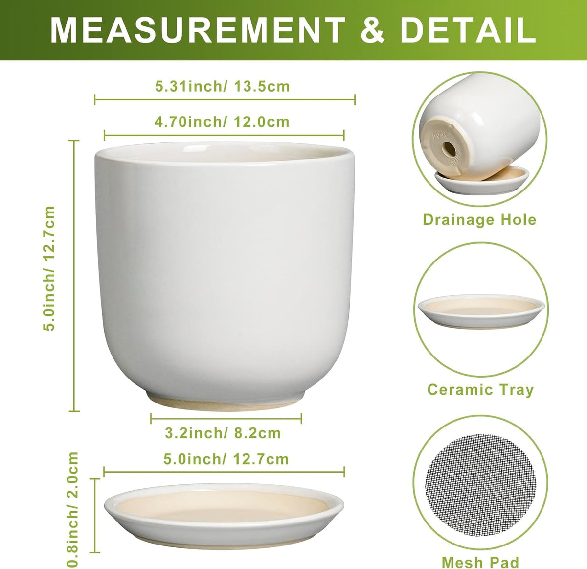 Indoor Plant Pot 5 Inch - Round Ceramic Planter for Succulent Plants with Drainage Hole and Saucer, Modern Home Decor, White