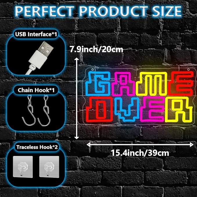 Game Room Neon Sign,Game Over Dimmable LED Light Signs for Wall Art Decor,Gamer Backdrop for Bedroom Club Party Man Cave,Gaming Gift for Boys Teen Men USB Powered（15.4"*7.9"）