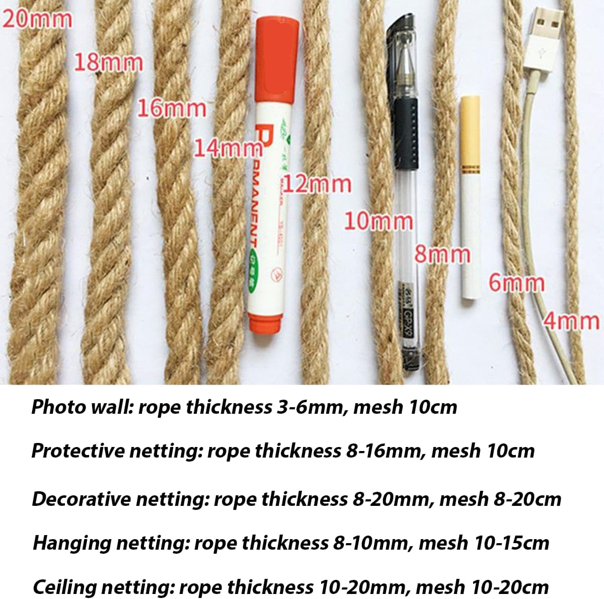 Natural Jute Hemp Rope Net,8mm Thick Safety Anti-Fall for Children Pet,Balcony Stairs Garden Playground Protection Net,Indoor & Outdoor Decor (Size:1M*7M(3.3FT*22.9FT))