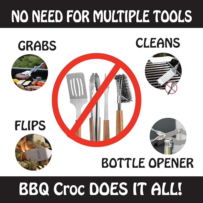 BBQ Croc 3 in 1 Barbecue Tool 26-inch - Extra Light and Super Long Heavy Duty Tongs, Spatula and Grill Scraper (Red) - Longest BBQ Tool Ever!