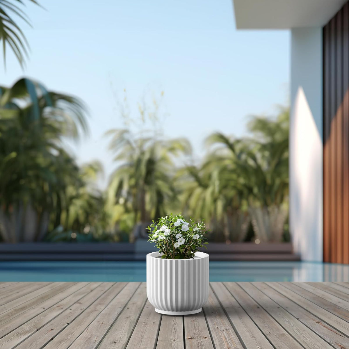 Kante Round Fulted Planter, 14 Inch Dia Large Concrete Plant Pots with Drainage Hole and Rubber Plug, Modern Decor for Indoor Outdoor Plants, Flower, White
