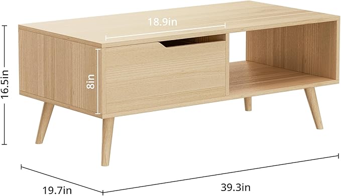 Oak Coffee Table, Mid Century Modern Coffee Table with Drawer & Shelf, 39'' Wooden Simple Console Table for Living Room