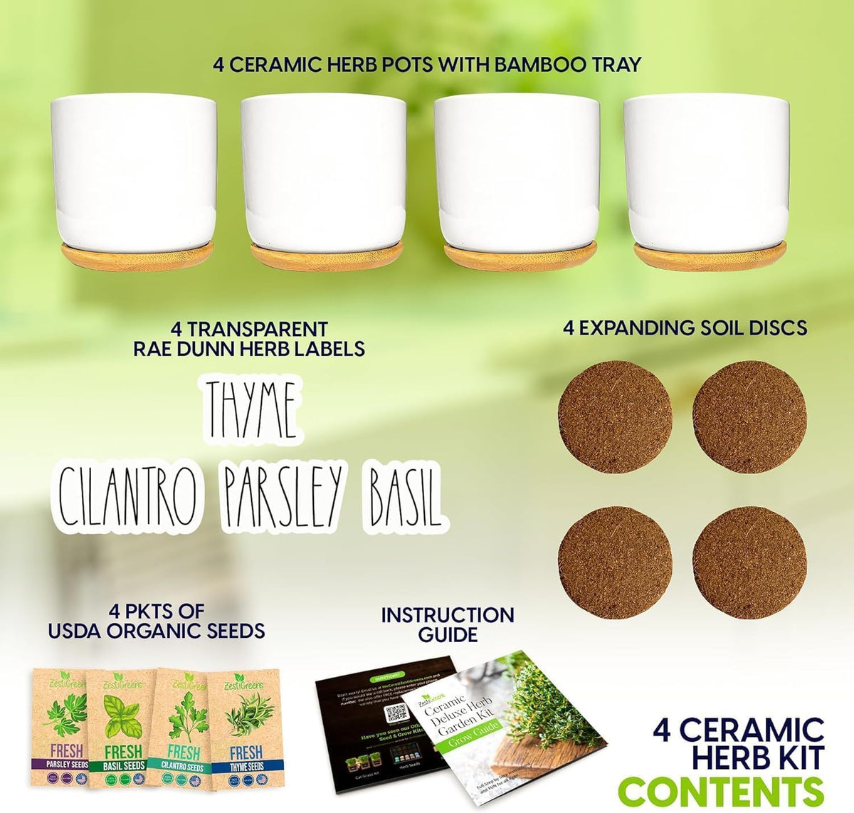Deluxe Ceramic Indoor Herb Kit 4 Set. Variety Herbs for Indoor & Outdoor – Get Growing with Pots, Potting Soil for Window Herb Garden. (Ceramic Edition)