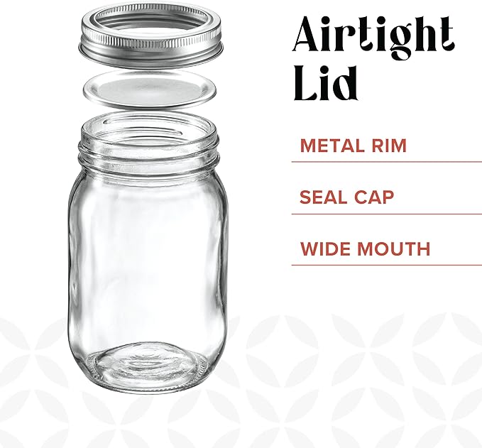 [6 Pack] 32 oz. Wide-Mouth Glass Mason Jars with Metal Airtight Lids and Bands 1 quart Large for Canning, Preserving, & Meal Prep