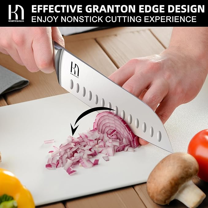 Santoku Knife 7 Inch, Japanese Professional Chef knife High Carbon Stainless Steel, Razor Sharp Chefs Kitchen Knife, Vegetable Chopping Knife for Cooking With Full-tang Handle, White