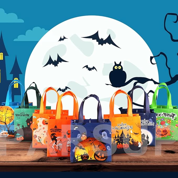 PARSUP Halloween Trick or Treat Bags, 16PCS Small Gift Tote Non-Woven Bags with Handles for Gifts Wrapping, Halloween Party Supplies, 7.9 * 7.9 * 3.15"