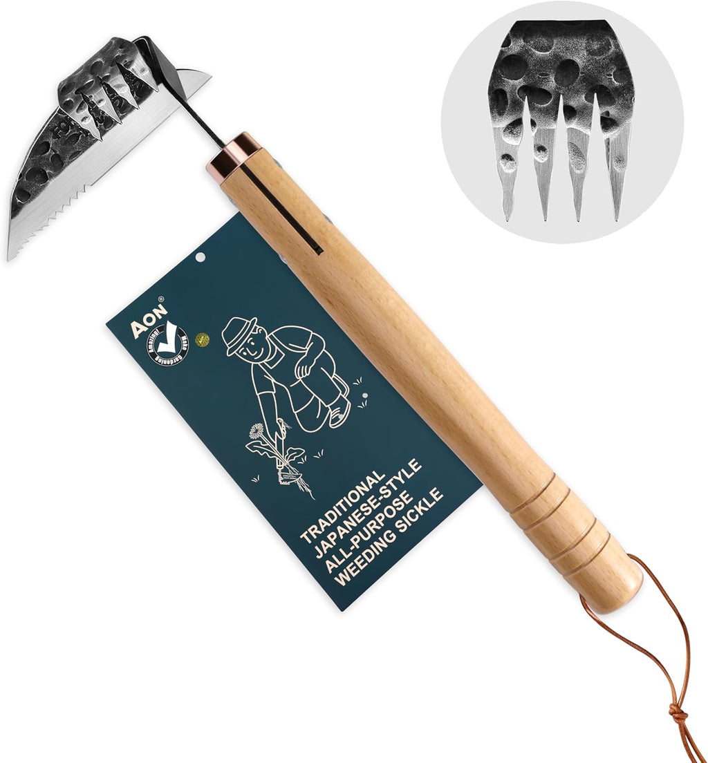 AON All-Purpose Japanese Weeding Sickle & Razor Hand Hoe, Forged Steel Weed Puller Tool with Sharp Edge & 4-Tine for Digging, Weeding, Uprooting in Vegetable Gardening, Backyard or Raised Garden Beds