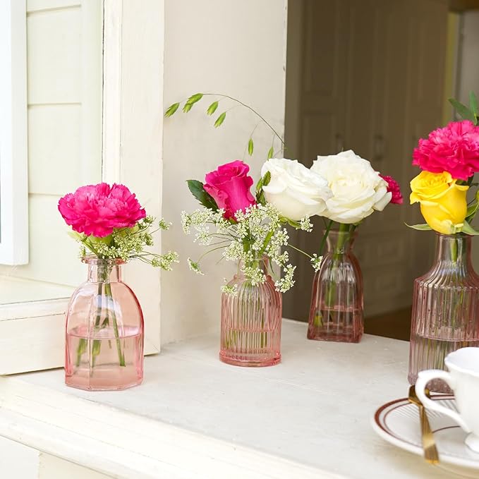 Pink Glass Bud Vases in Bulk 24, Pink Vase Small Vases for Flowers Modern Ribbed Glass Bud Vase for Decor Wedding Flower Vase Bulks Vintage Decor Bridal Shower Centerpieces Home Table Decoration