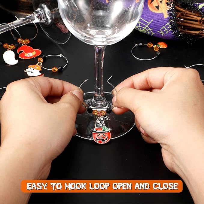 Inbagi 24 Pcs Halloween Wine Glass Charms Halloween Enamel Wine Charms Pendant Pumpkin Witch Hat Broomstick Mummy Castle Glass Markers Drink Identifier for Stem Halloweens Birthday Party Supply