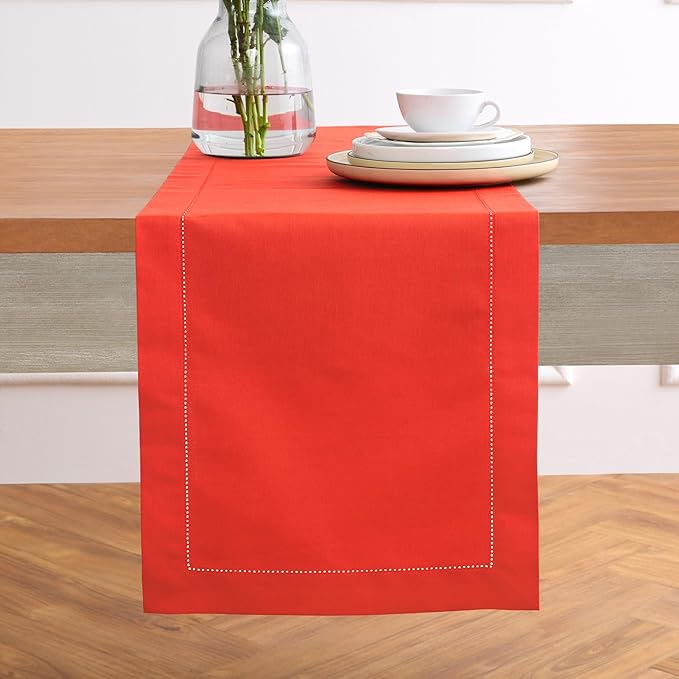 Solino Home Cotton Linen Table Runner 36 Inches - Poppy Red Hemstitch Table Runner 14 x 36 Inch Ideal for Dresser and Coffee Tables - Halloween