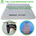 6 mil (12ft x 25ft) 100% Virgin Material. 5Layers Advanced Extrusion Technology for UV Protection, Anti-drip, Anti-Fog, Thermal and Strength. 4Years Lifetime UV Resistant Greenhouse Plastic