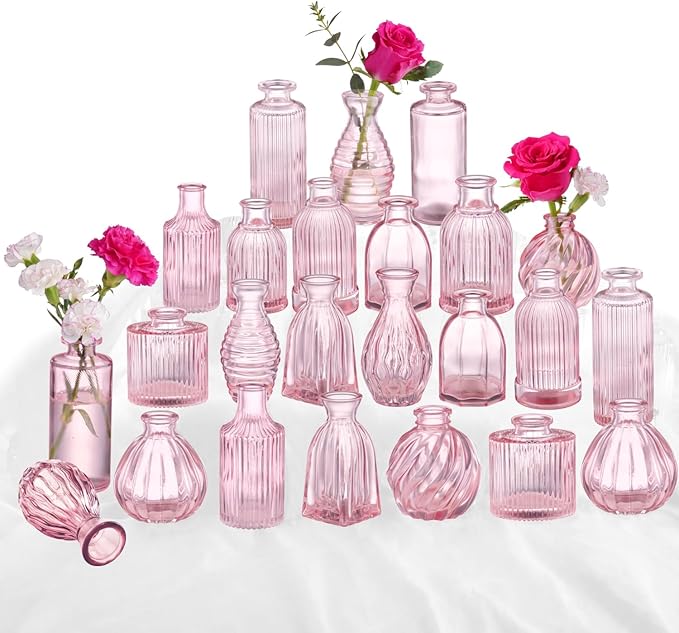 Pink Glass Bud Vases in Bulk 24, Pink Vase Small Vases for Flowers Modern Ribbed Glass Bud Vase for Decor Wedding Flower Vase Bulks Vintage Decor Bridal Shower Centerpieces Home Table Decoration