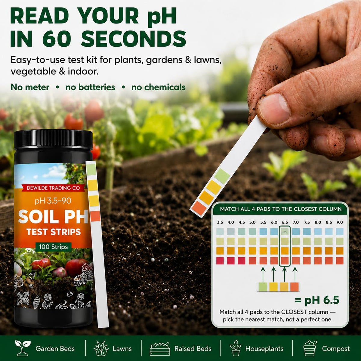 Soil Test Kit – 100 Soil pH Test Strips (3.5–9 Range) for Garden, Lawn & Indoor Plants – Easy At-Home Soil Testing