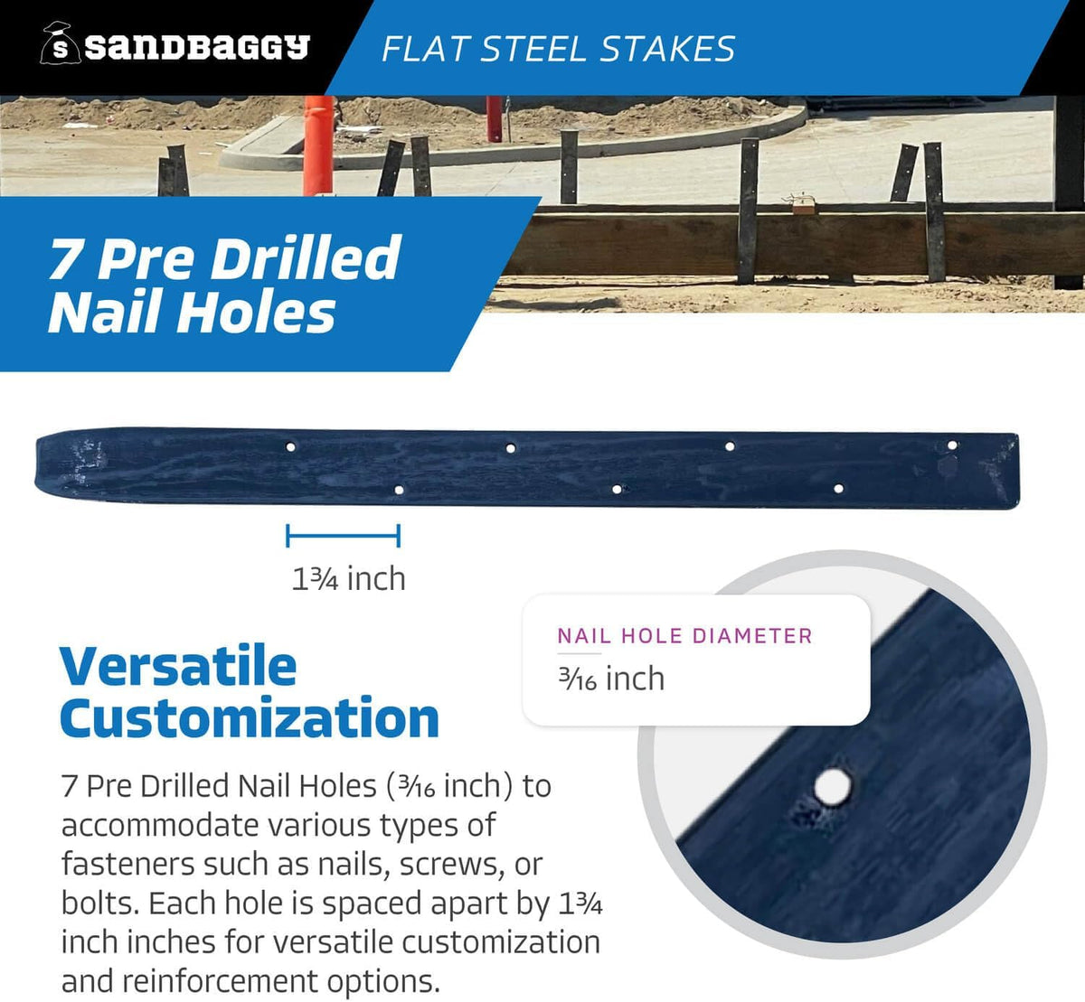 Sandbaggy Flat Steel Stakes for Concrete Forms with Nail Holes - 1.5" Wide - Painted - Removable, Reusable, V Point End - Construction Grade Stakes (5, 18 inch)