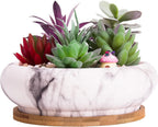 ARTKETTY Succulent Pots - 7.3 Inch Ceramic Bonsai Pots with Trays Set of 2, Large Succulent Plant Pots with Drainage Shallow Planters for Indoor Plants Marble Cactus Flower Plant Container Bowl