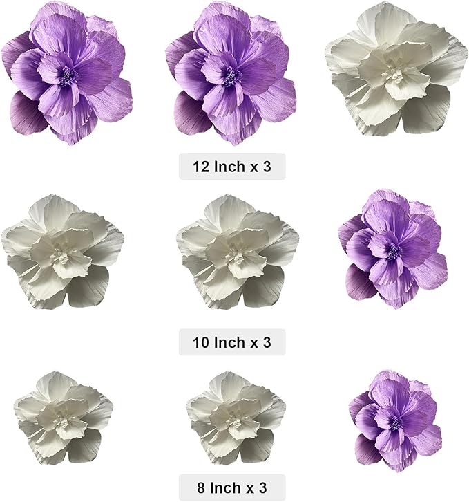 BRT Bearingshui Crepe Paper Flowers Decoration for Wall Total 9 Pcs, Artificial Flowers for Wedding Decor,Flower Backdrop Decor, Baby Bridal Shower Birthday Party, Purple White 3D Wall Flowers Decor