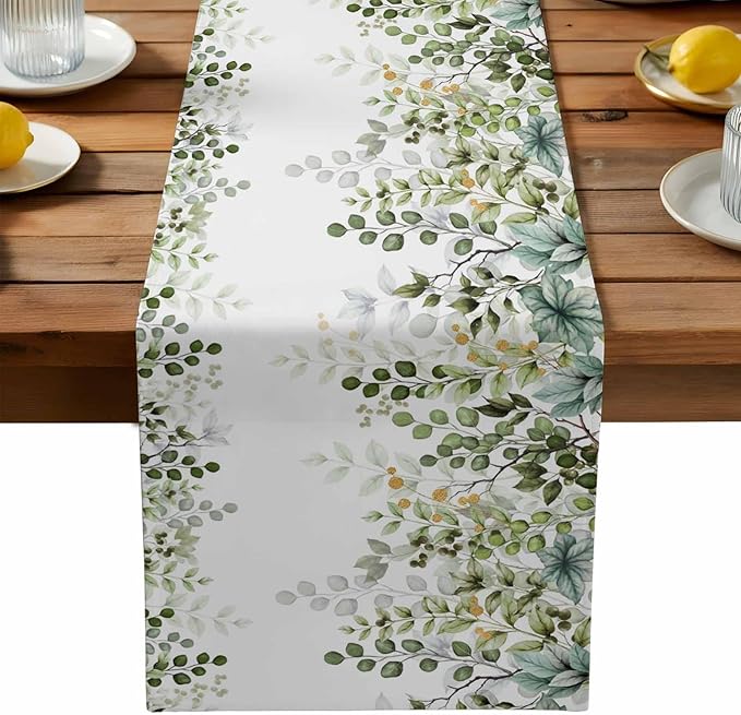 Sage Green Eucalyptus Cotton Linen Table Runner for Dining Kitchen,Farmhouse Leaves Botanical Floral Wedding Outdoor Party Tablerunners Decoration Dresser Scarf Coffee Tablecloth Runners 13x108 Inches