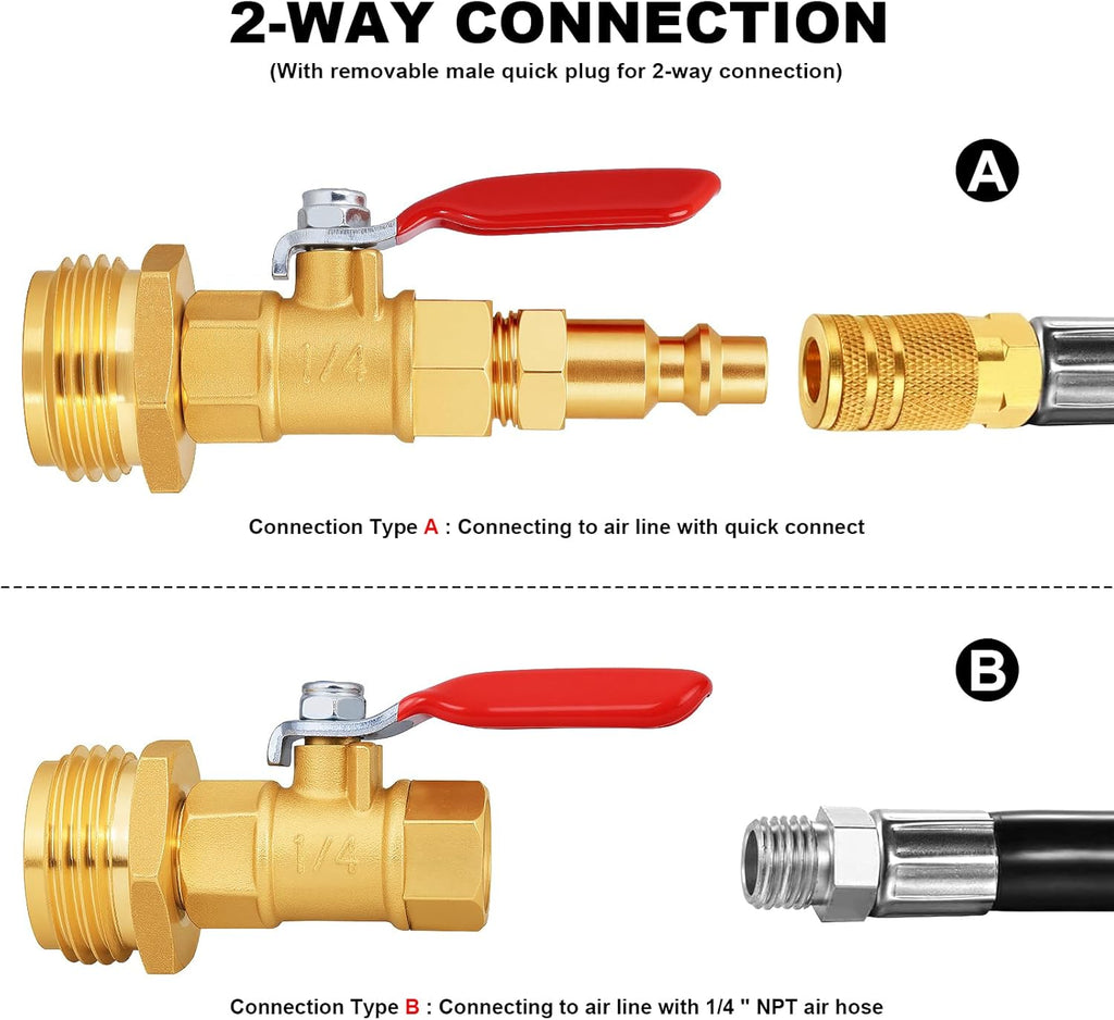 RV Winterize/Winterization Blowout Adapter - Brass with Ball Valve, 1/4" Male Quick Connect to 3/4" Male & Female GHT Garden Hose Thread