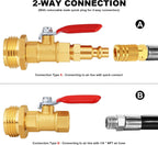 RV Winterize/Winterization Blowout Adapter - Brass with Ball Valve, 1/4" Male Quick Connect to 3/4" Male & Female GHT Garden Hose Thread