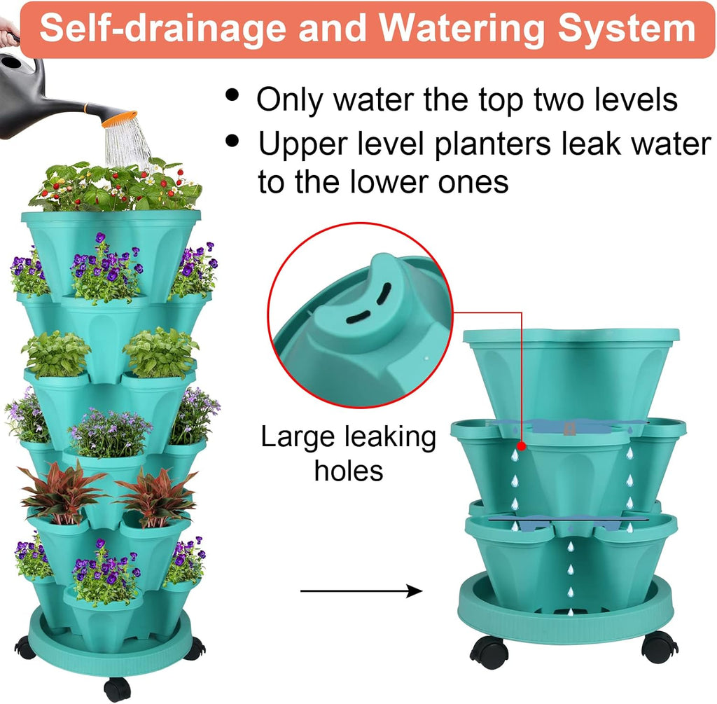 Vertical Planter 6 Tier Stackable Planters Garden Planters Strawberry Herb Flower and Vegetable Planter Indoor Outdoor Gardening Pots with Removable Wheels and Tools