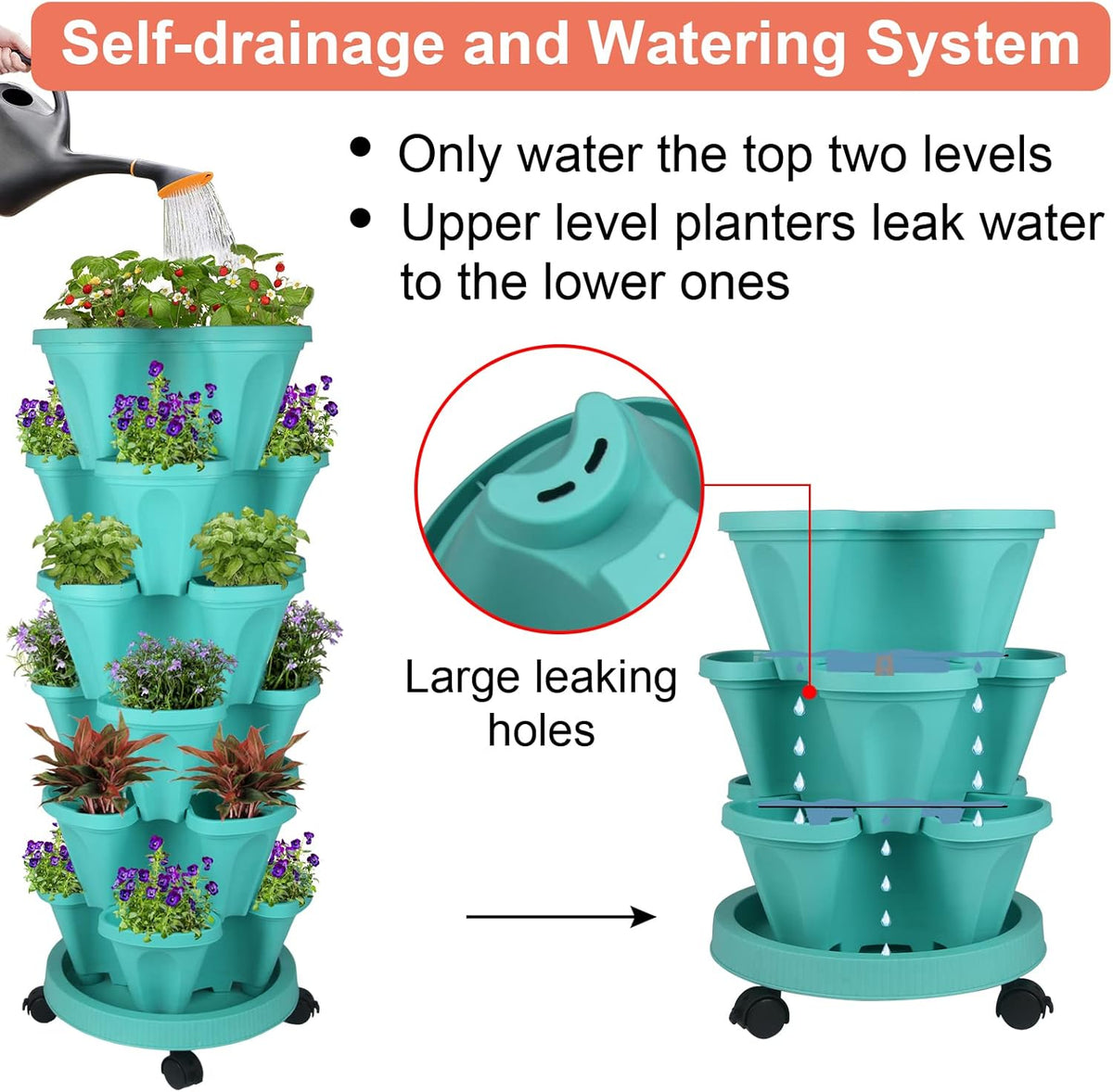 Vertical Planter 6 Tier Stackable Planters Garden Planters Strawberry Herb Flower and Vegetable Planter Indoor Outdoor Gardening Pots with Removable Wheels and Tools