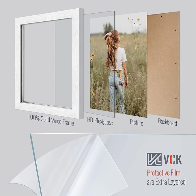 VCK 8x10 Picture Frame Set of 4 - White, Gallery-Quality Wood Poster Frames, 1.1-Inch Wide Border, Polished Plexiglass, Vertical or Horizontal Wall & Tabletop Display for Photo/Art/Prints, White