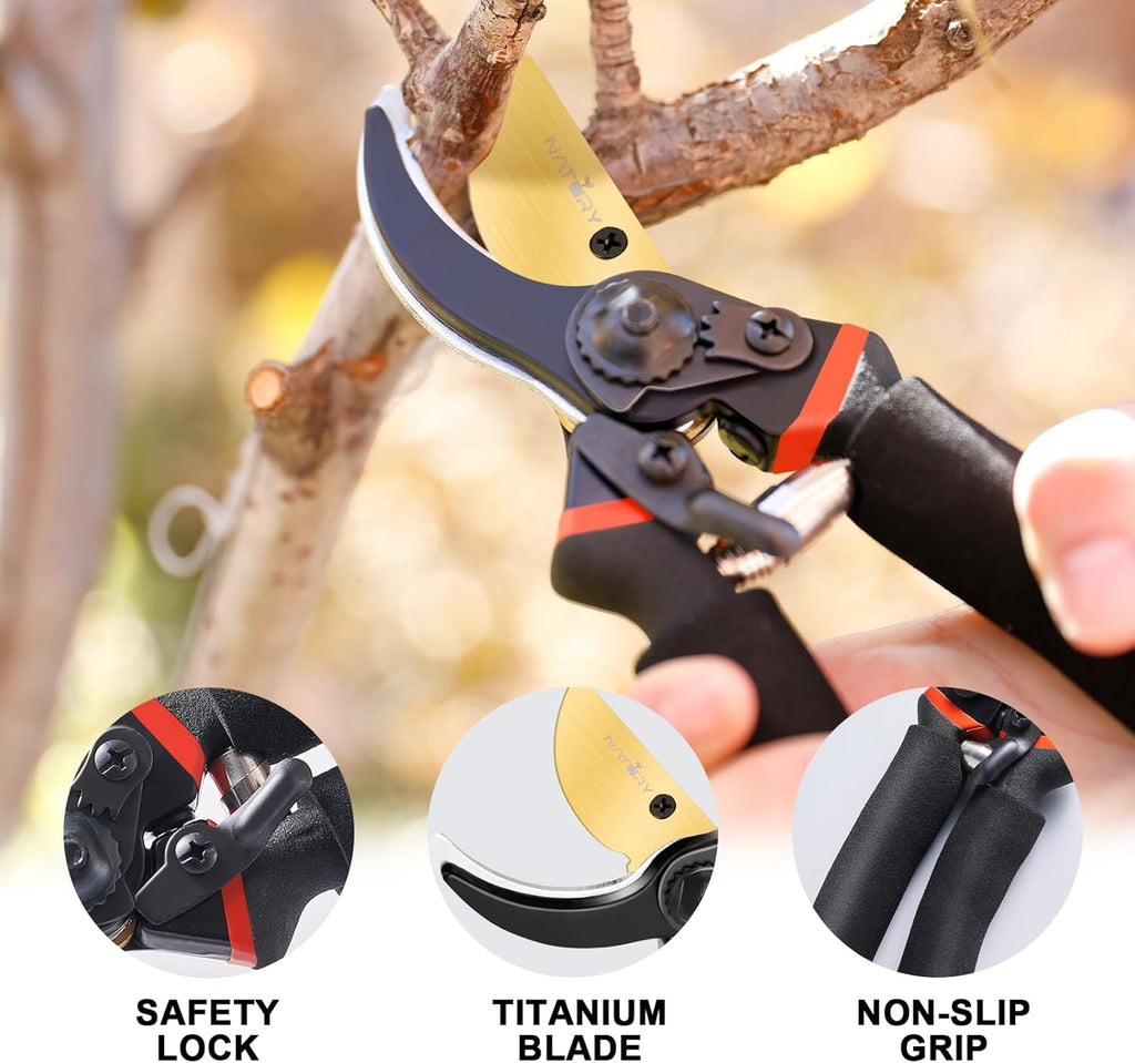 Bypass Pruning Shears Set with Garden Snips and Soil Moisture Meter – Premium Titanium Pruning Shears Heavy Duty, Micro-Tip Flower Shears – Professional Pruning Shears for Gardening