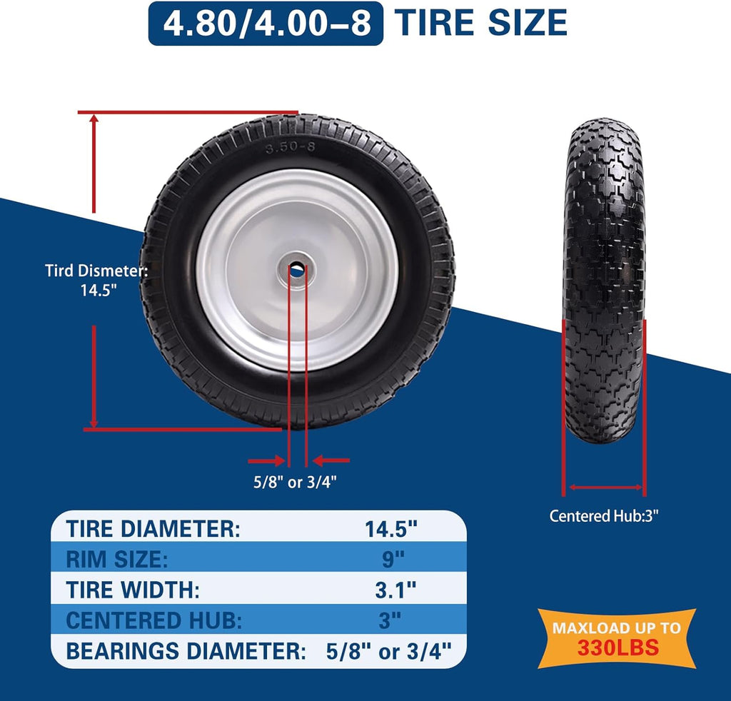 4.80/4.00-8 Tire, 14.5" Flat Free Wheelbarrow Tire and Wheel, 5/8" 3/4" Bearings Solid Replacement Tires, 3" -7" Centered Hub, Universal Fit 3.50/3.00-8, 4.00-6 Trolley Dolly Go Kar, 1 Pack