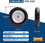 4.80/4.00-8 Tire, 14.5" Flat Free Wheelbarrow Tire and Wheel, 5/8" 3/4" Bearings Solid Replacement Tires, 3" -7" Centered Hub, Universal Fit 3.50/3.00-8, 4.00-6 Trolley Dolly Go Kar, 2 Pack