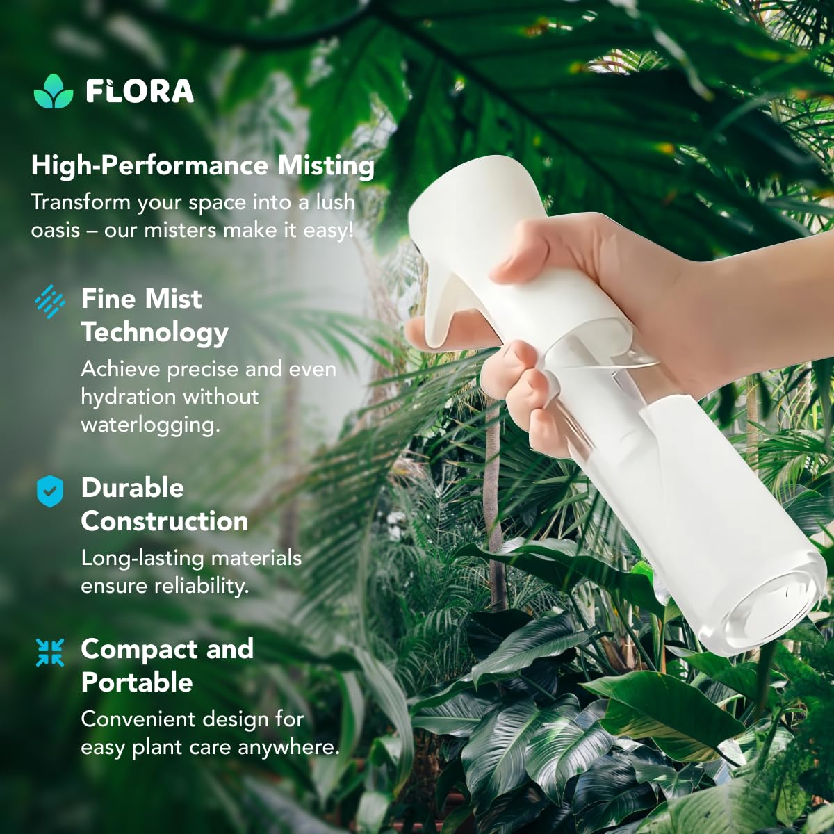Flora Premium Plant Mister Spray Bottle for Gentle & Fine Mist for Precision Hydration, Dispersed Humidity & Moisture, Comes w App for Smart Plant Care, Plant ID and Diagnosis Tool (1 pack)