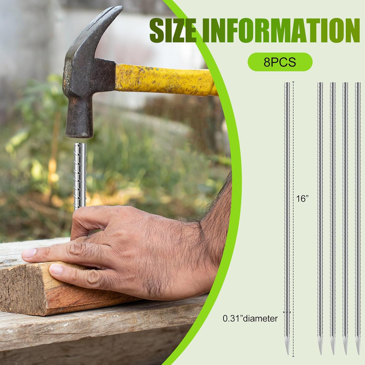 Gisafai 8 Pcs 16 Inch Ground Rebar Stakes Heavy Duty Ground Anchors Steel Plant Support Garden Stake Long Straight Metal Spikes with Chisel Point End for Concrete Timber Garden Plant Tent