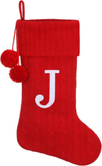 Personalized Christmas Stocking 19 Inch - Red Cable Knit with Monogram Embroidery & Pom Poms, Family Fireplace Hanger for Holiday Decor, Red Letter J