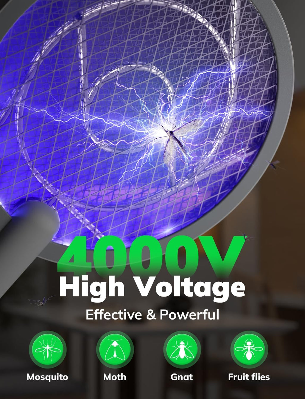 YISSVIC Electric Fly Swatter Bug Zapper Racket 4000V LED Screen Dual Modes Fly Zapper Rechargeable for Indoor Home Office Backyard Patio Camping