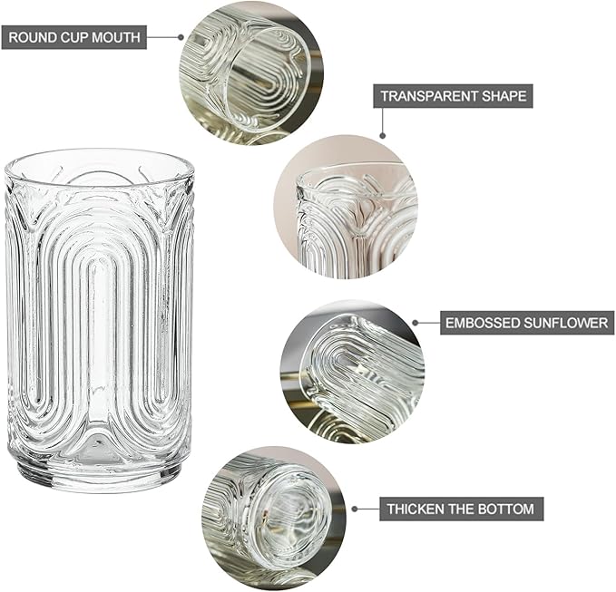 INSETLAN Set of 6 Vintage Glassware - 14 oz Water Drinking Glasses, Art Deco Ripple Glass Cup, Cocktail Glasses, for Bar Beverages Ice Coffee Juice, Housewarming Presents, New House Essentials