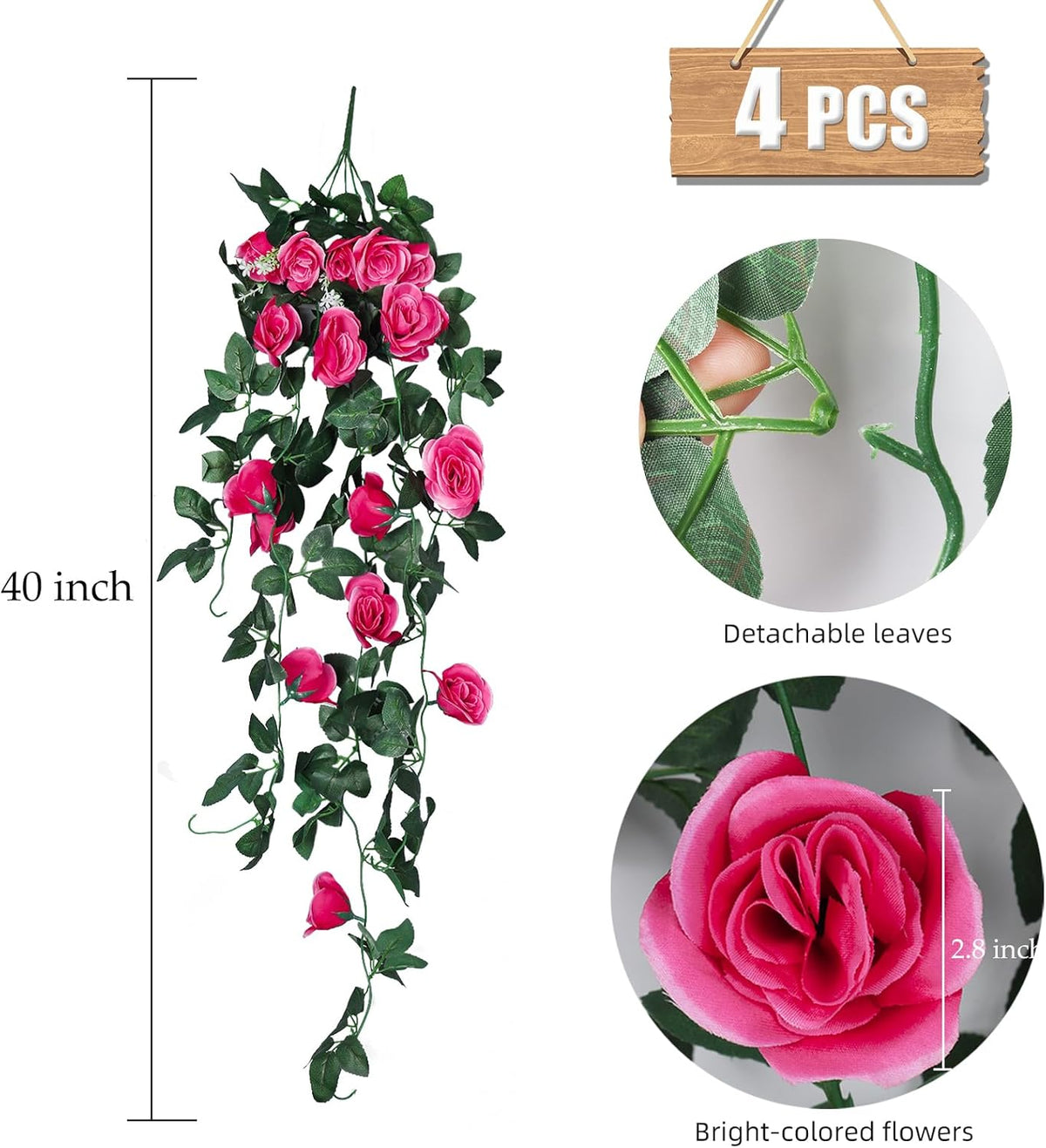 RECUTMS 4 Pack Artificial Plants Fake Hanging Flowers Faux Ivy Vines with LED Fairy Lights Plastic Outdoor UV Resistant for Home Window Garden Office Patio (Rose red)