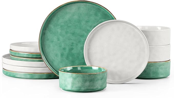 LIANYU Dinnerware Dish Sets for 4, 12 Piece Plates and Bowls Dinner Set, Stoneware Dish Tableware for Dessert Salad Pasta, Microwave & Dishwasher Safe, Polar White & Emerald Green