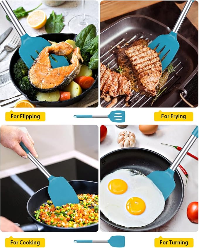 Pack of 2 Silicone Solid Turner, Non Stick Slotted Kitchen Spatulas, High Heat Resistant BPA Free Cooking Utensils, Ideal Cookware for Fish, Eggs, Pancakes(Blue)