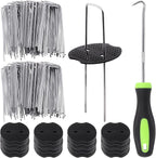 201Pcs 6 Inch 11 Gauge Garden Stakes Staples Kit, 100Pcs U-Shaped Landscape Staples and 100Pcs Fixing Gasket with 1Pc Pick Hook for Weed Barrier Fabric, Groud Cover, Holding Fence