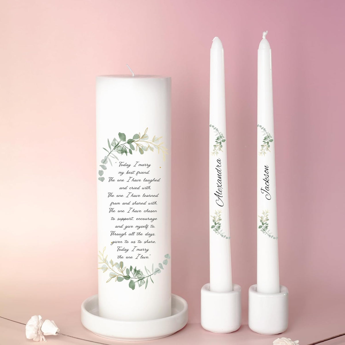 Unity Candles for Wedding, Modern Unity Set, Custom and Personalized Taper Candles with Bible Quote, Unscented White Premium Wax, Religious and Wedding Ceremony, Special Events (Custom Names)