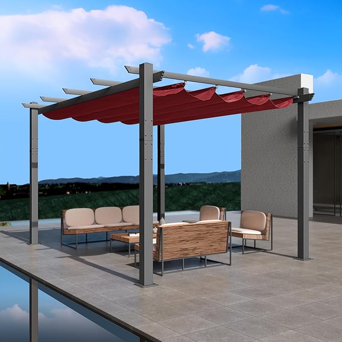 Kozyard Morgan Outdoor Retractable Pergola with Sun Shade Canopy Patio Aluminum Pergola Shelter for Backyard Deck Garden Modern Metal Grill Gazebo (10' x 13', Burgundy)