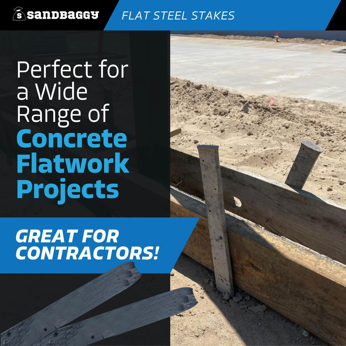 Sandbaggy Flat Steel Stakes for Concrete Forms with Nail Holes - 1.5" Wide - Painted - Removable, Reusable, V Point End - Construction Grade Stakes (5, 24 inch)