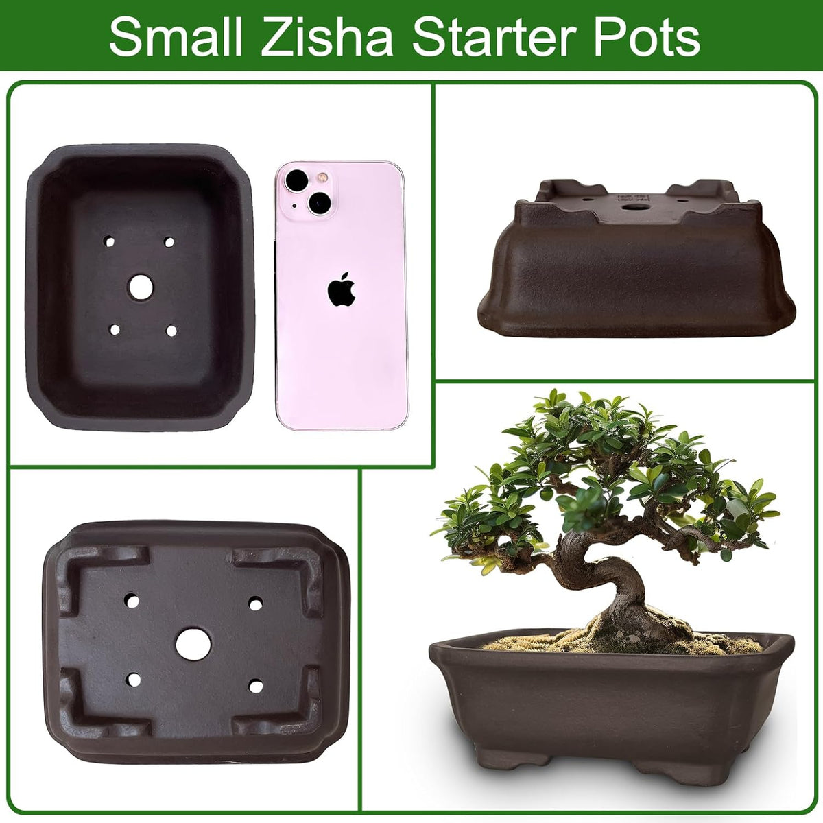 MUZHI 2PACK Unglazed 6” Ceramic Bonsai Pot with Humidity Trays, Breathable Handmade Rectangle Bonsai Starter Planter for Bonsai Tree, Juniper,Ficus, Money Tree