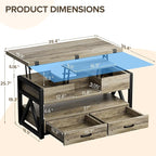 40" Lift Top Coffee Table,4 in 1 Multi-Function Lift Coffee Tables with Storage Drawers and Hidden Compartmen,Farmhouse Coffee Table with Lifting top for Living Room,Grey
