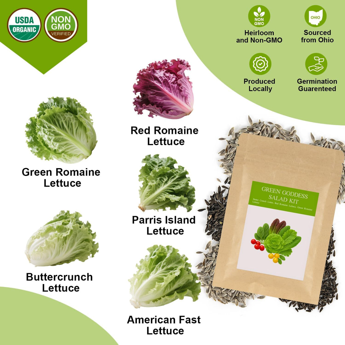 Green Goddess Salad Seed Pod Kit for AeroGarden, idoo, Ahopegarden, MUFGA with Red Romaine/Green Romaine/American Fast/Parris Island/Buttercrunch Lettuce - Compatible with All Garden(7-Pod)