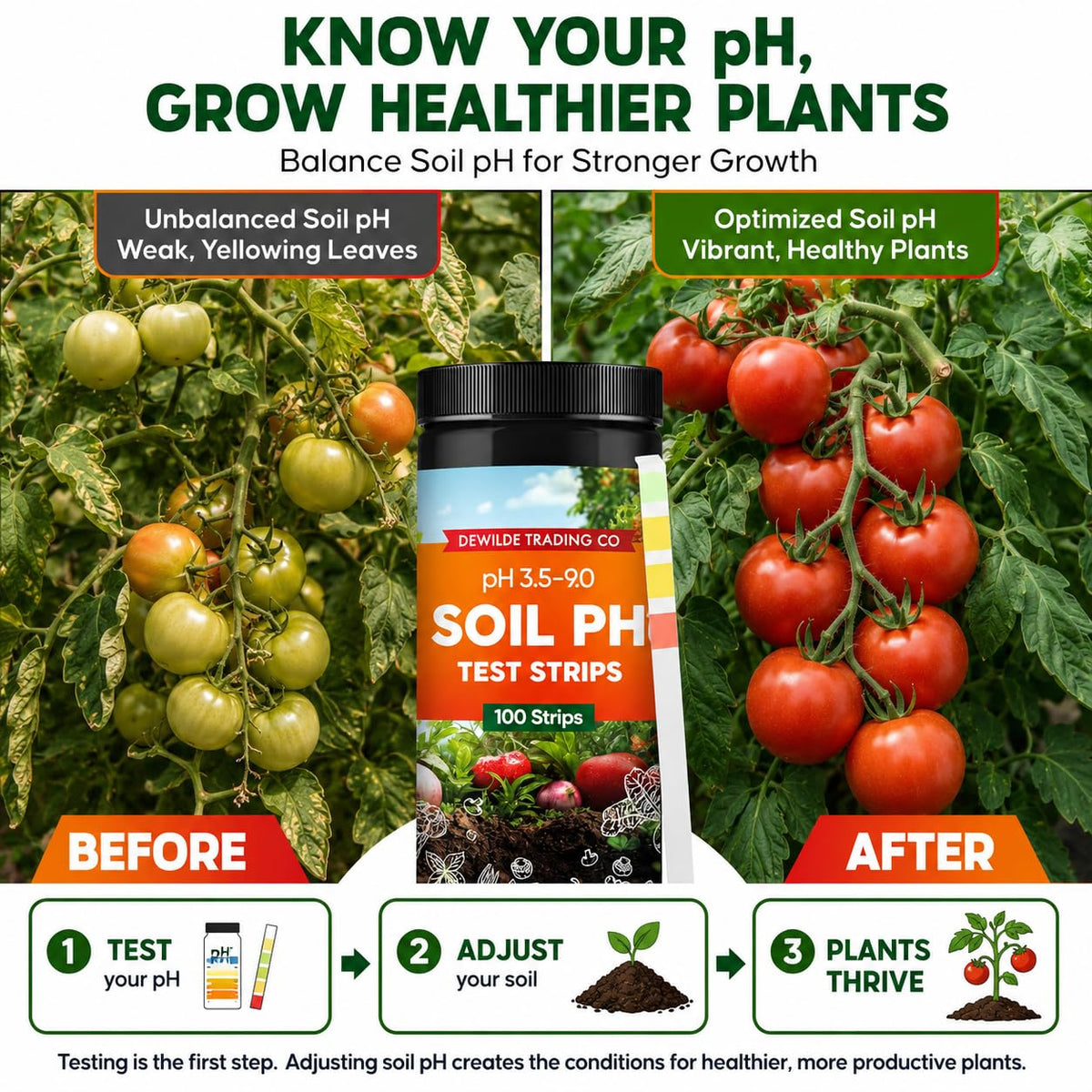 Soil Test Kit – 100 Soil pH Test Strips (3.5–9 Range) for Garden, Lawn & Indoor Plants – Easy At-Home Soil Testing