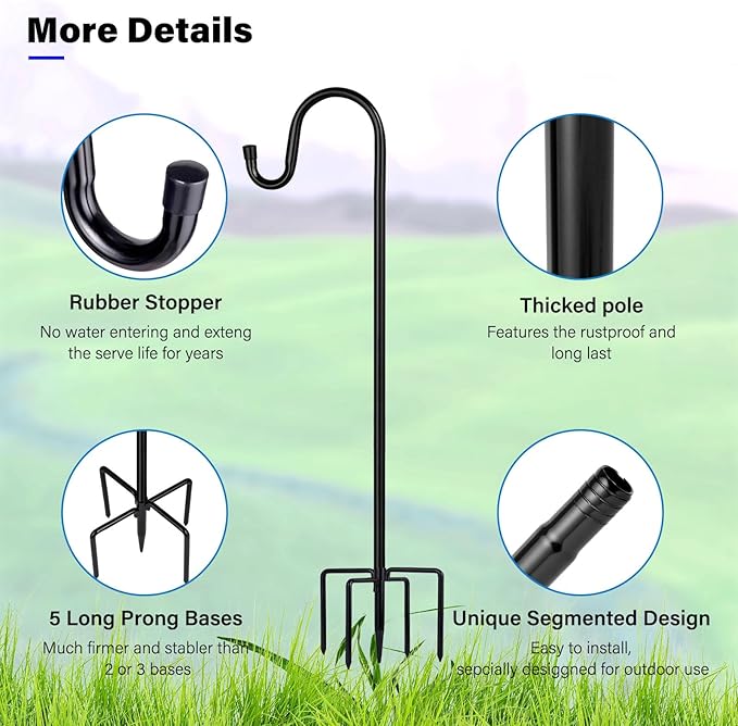 Shepherd Hooks for Outdoor, 2 Pack 78 Inch Bird Feeder Pole with 5 Prongs Base for Hanging Lantern, Hummingbird Feeder, Lightweight Plant, Shepherds Hook for Bird Feeders for Outside