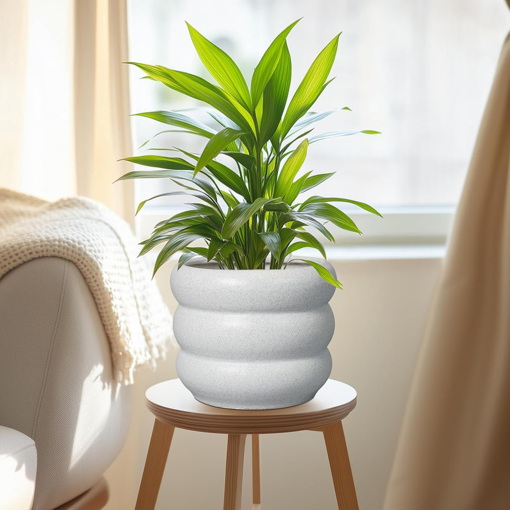SQOWL Ceramic Planter for Indoor Plants - 8 Inch Plant Pot with Drainage Hole Outdoor Flower Pot Modern Round Planter Medium Plant Pot for Garden Office Decor White