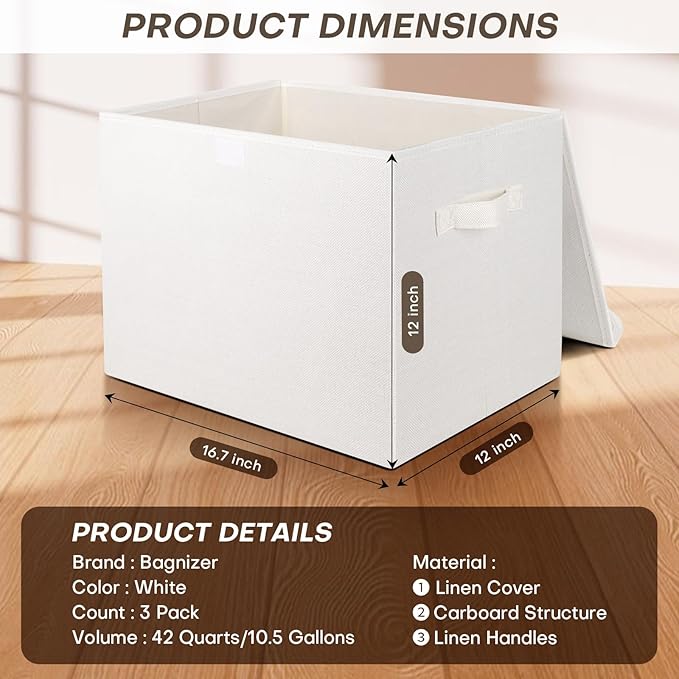 Large 17" 42 Quarts Collapsible Stackable Storage Bins with Lids [3-Pack] Foldable Fabric Linen Storage Boxes Cube, Closet Organizer Baskets with Label (16.7 x 12 x 12", White)