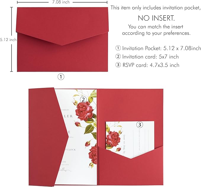 20 PCS Red Tri-fold Laser Cut Wedding Invitation Pockets for 5x7 Wedding Cards Bridal Shower Engagement Quinceanera Invitation
