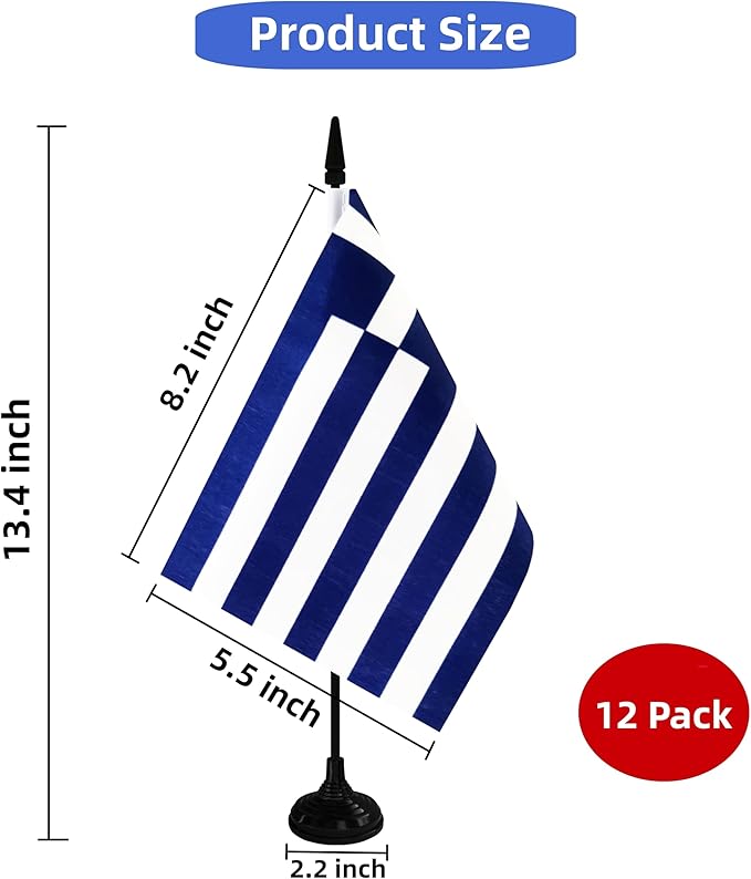 Greece Desk Flag, 12 Pack Greek Table Office Flag with Black Solid Pole and Stand Base, International Country Flag, Festival Celebration, Classroom Meeting Desktop Decor (Greece)